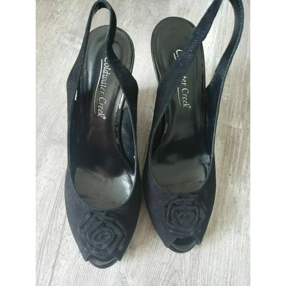 Coldwater Creek Suede Rose Sling Wedge Peep Toe Sandals Womens 8.5 Black NEW - Picture 6 of 14